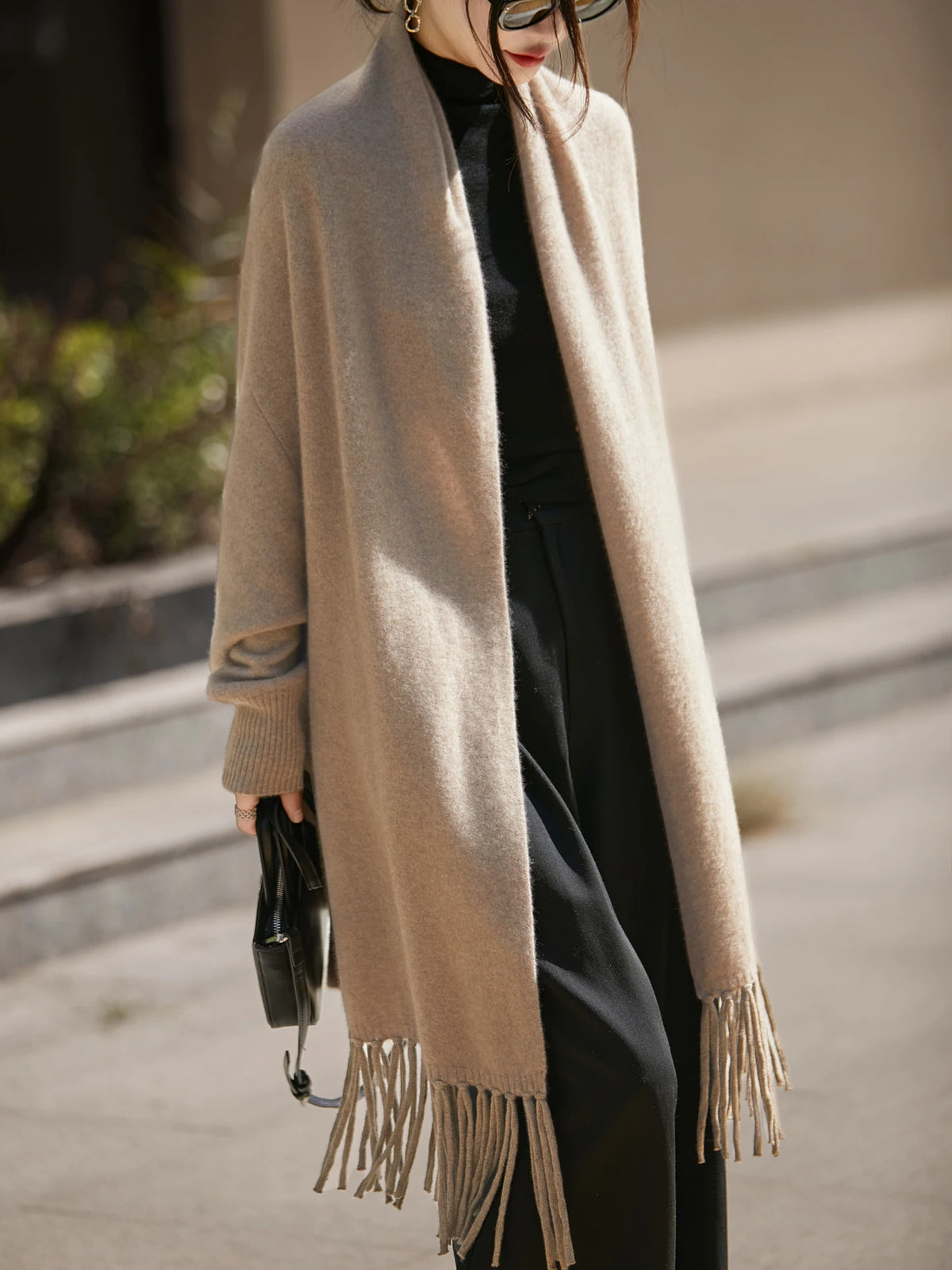 Women's Oversized Scarf Wrap, Solid Color Long Shawl with Fringed Ends, Neutral Winter Scarf for Women