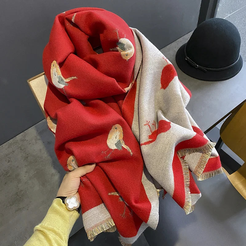Bird Print Scarf Wrap, Color Block Shawl with Decorative Fringed Edges, Nature Inspired Neck Scarf for Women