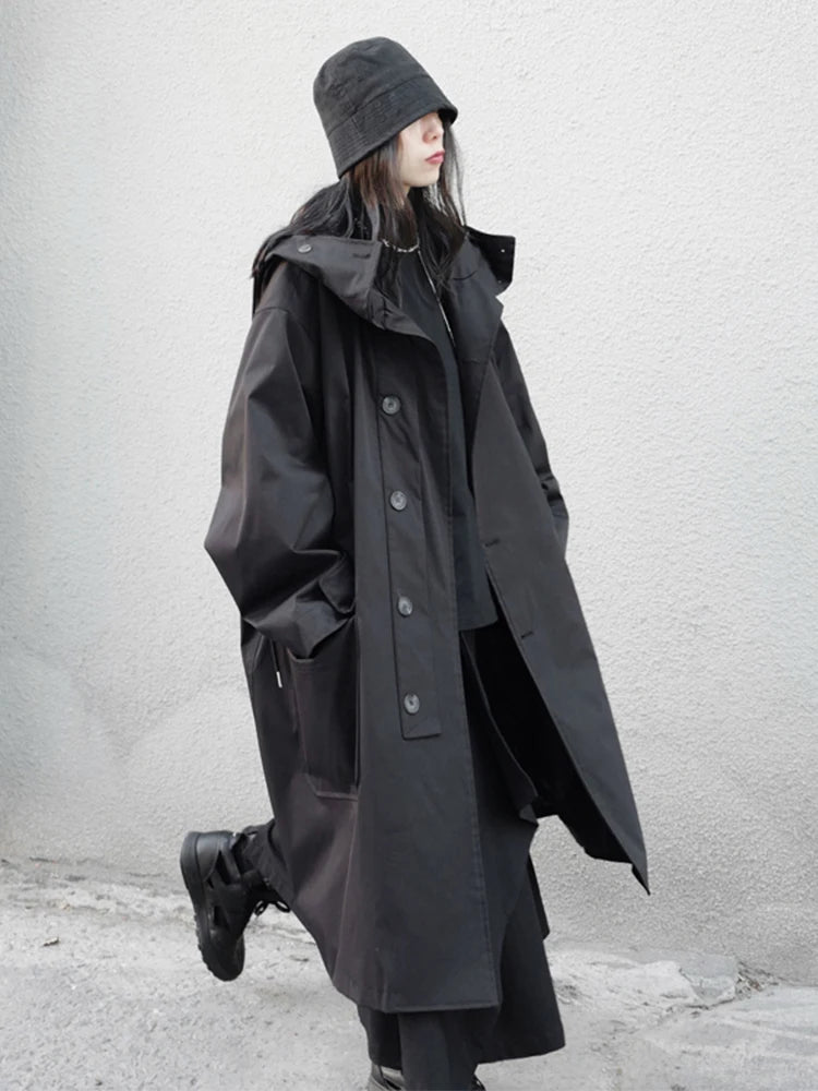 Oversized Long Trench Coat, Double-Breasted Hooded Coat with Wide Lapels and Relaxed Fit, Minimalist Urban Winter Outerwear