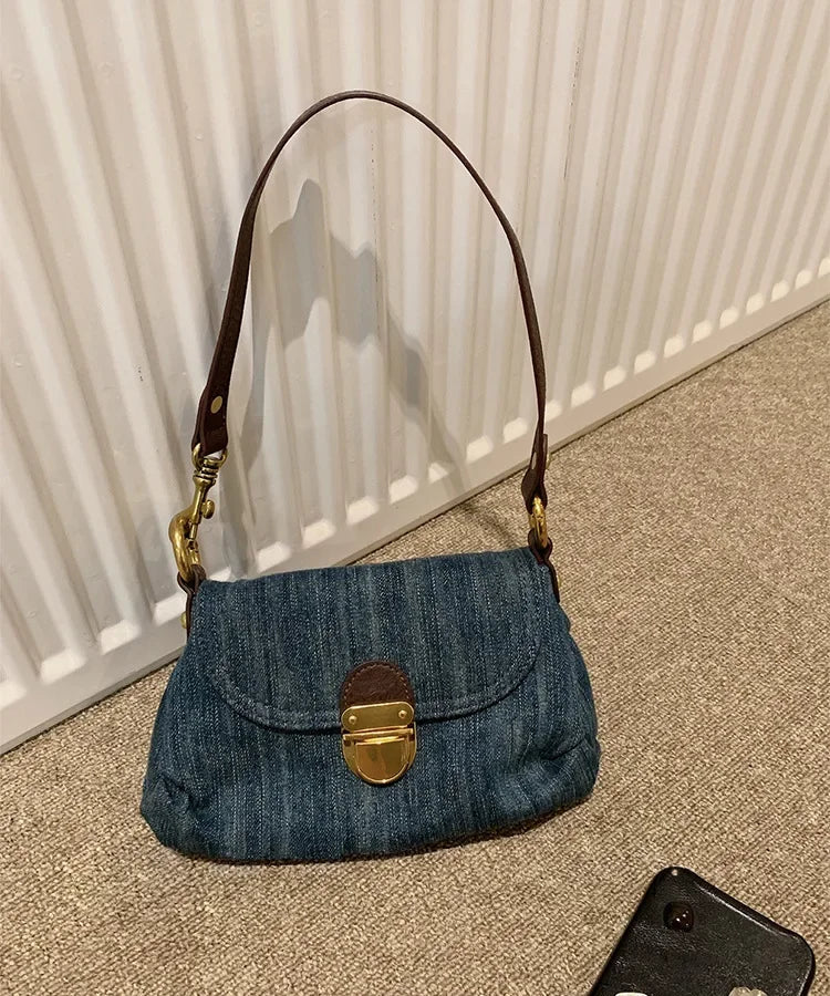 Denim Shoulder Bag, Mini Flap Handbag with Adjustable Strap, Vintage Casual Purse with Gold-Tone Buckle for Shopping, Dates & Everyday Use