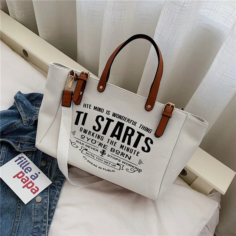 Vintage Graphic Canvas Tote Bag, Casual Shoulder Handbag with Leather-Accent Handles, Spacious Carryall Purse for Travel, Shopping & Everyday Use