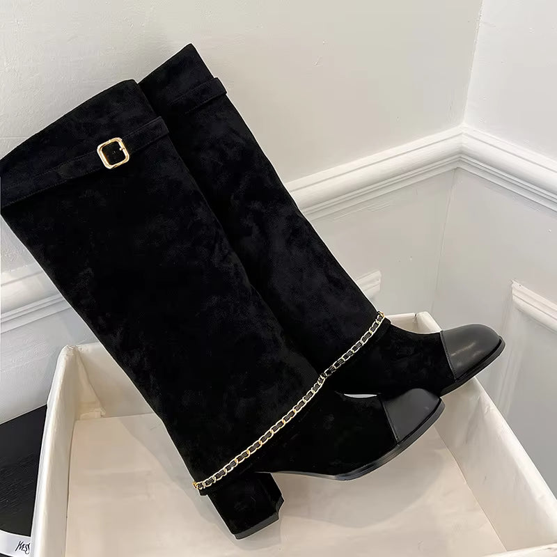Knee High Suede Boots | Buckle Strap Block Heel Boots | Chain Detail Tall Fashion Booties