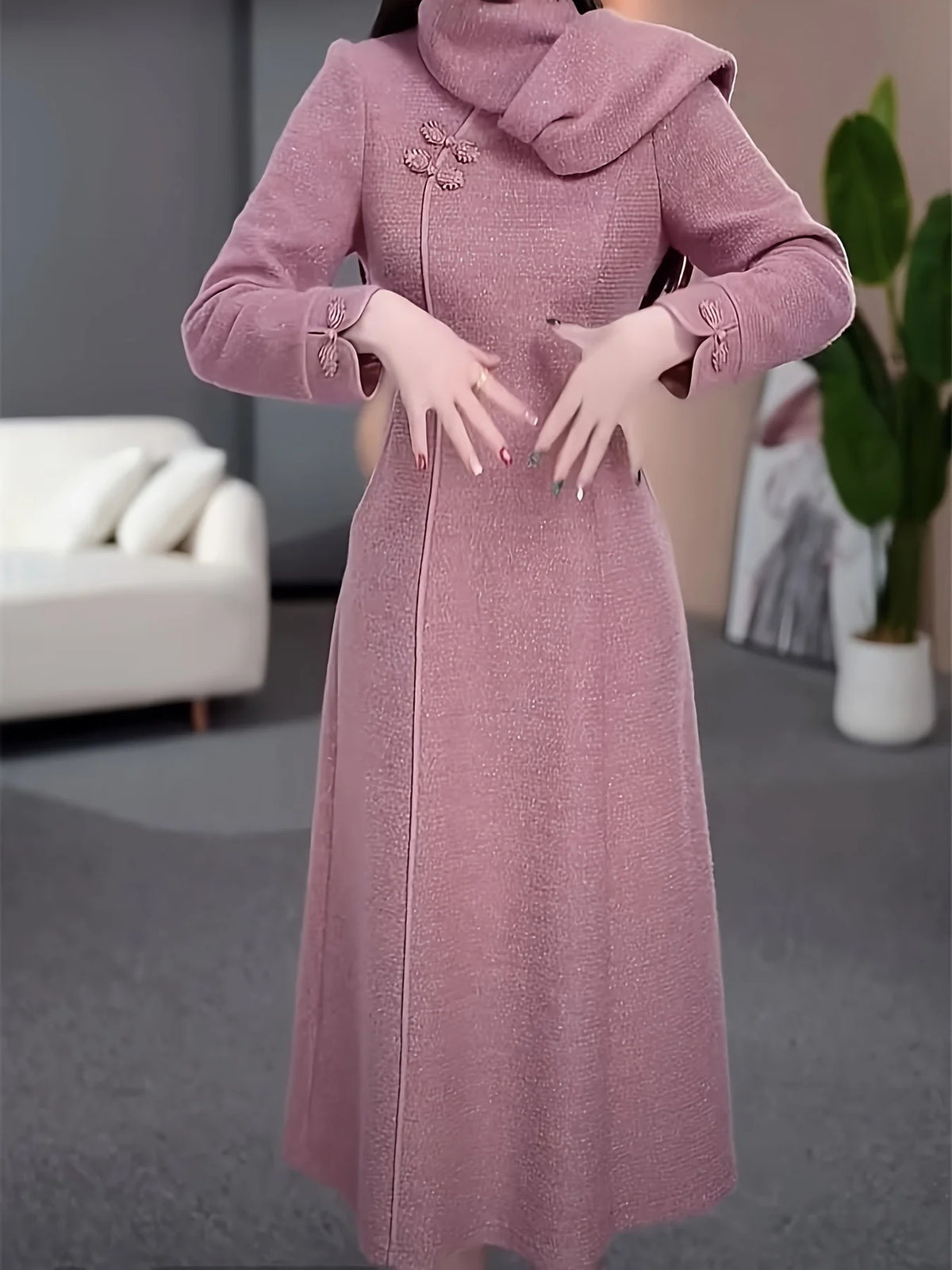 Long Knit Maxi Dress – Turtleneck Sweater Dress with Oversized Collar, Long Sleeves, Button Front and Elegant Winter Silhouette