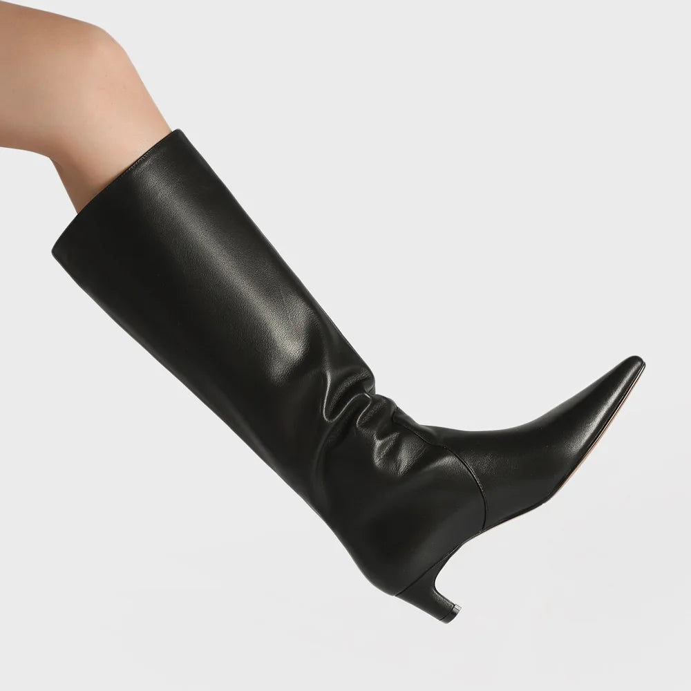 Knee High Pointed Toe Boots | Elegant Kitten Heel Tall Boots | Sleek Pull-On Fashion Boots