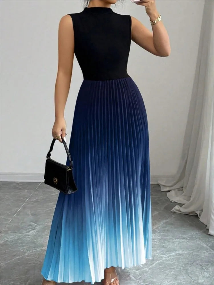 Pleated Maxi Dress – Sleeveless Fitted Bodice Dress with High Waist and Flowing Accordion Pleated Skirt for Parties & Evening Events