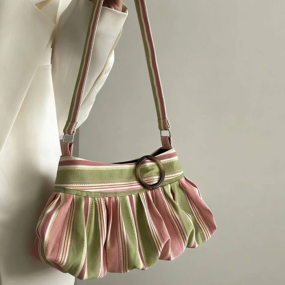 Pleated Shoulder Bag, Striped Hobo Handbag with Adjustable Strap & Gathered Design, Chic Casual Purse for Shopping, Dates & Everyday Use