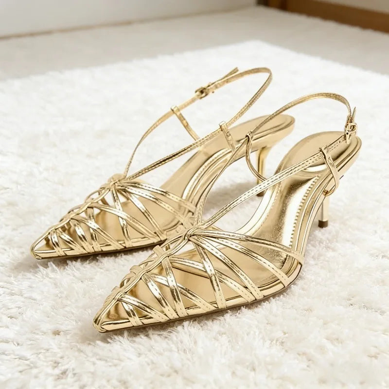 Women's Gold Strappy Pointed Toe Kitten Heel Sandals – Elegant Slingback Dress Shoes for Wedding, Party, Evening & Formal Wear