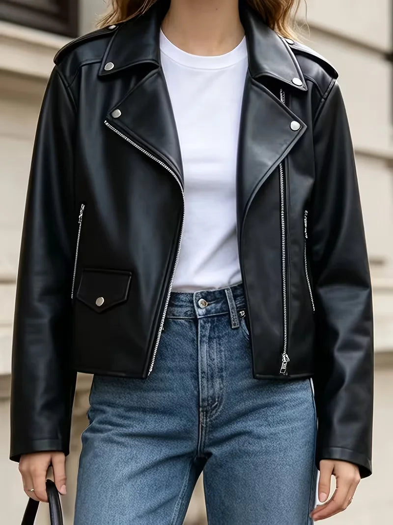 Faux Leather Moto Jacket, Cropped Biker Jacket with Asymmetrical Zip and Silver Hardware, Classic Edgy Streetwear Outerwear