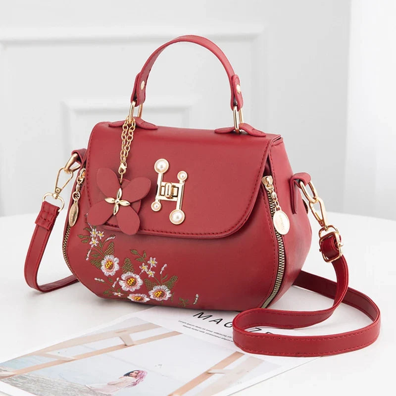 Embroidered Satchel Handbag, Elegant Top Handle Shoulder Purse with Floral Details, Structured Crossbody Bag with Adjustable Strap for Everyday Use