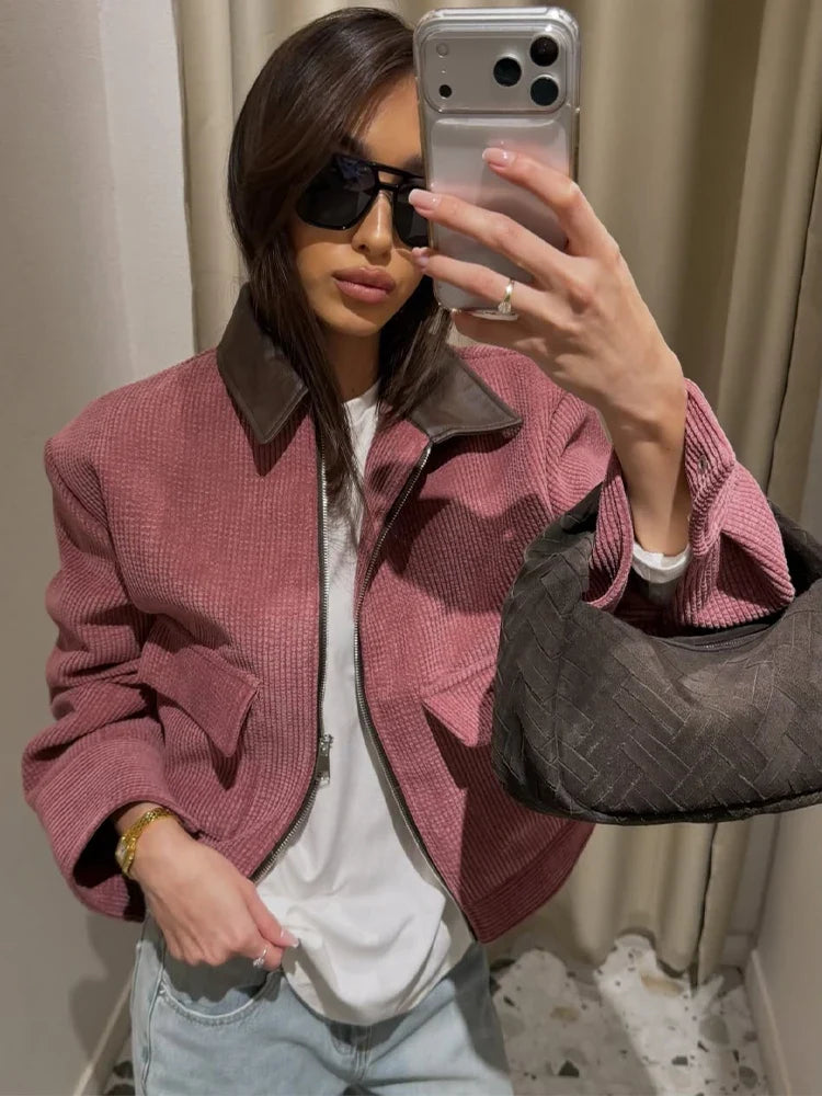 Corduroy Utility Jacket with Oversized Fit, Zip-Up Collared Workwear Jacket, Relaxed Casual Fall Outerwear