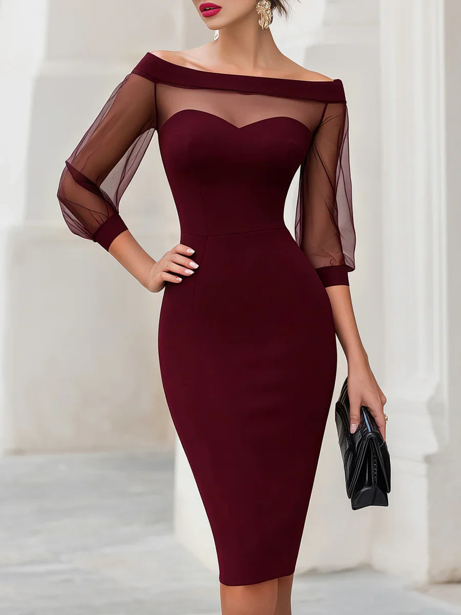 Off Shoulder Midi Dress – Sheer Long Sleeve Bodycon Dress with Mesh Overlay, Sweetheart Neckline and Elegant Fitted Silhouette