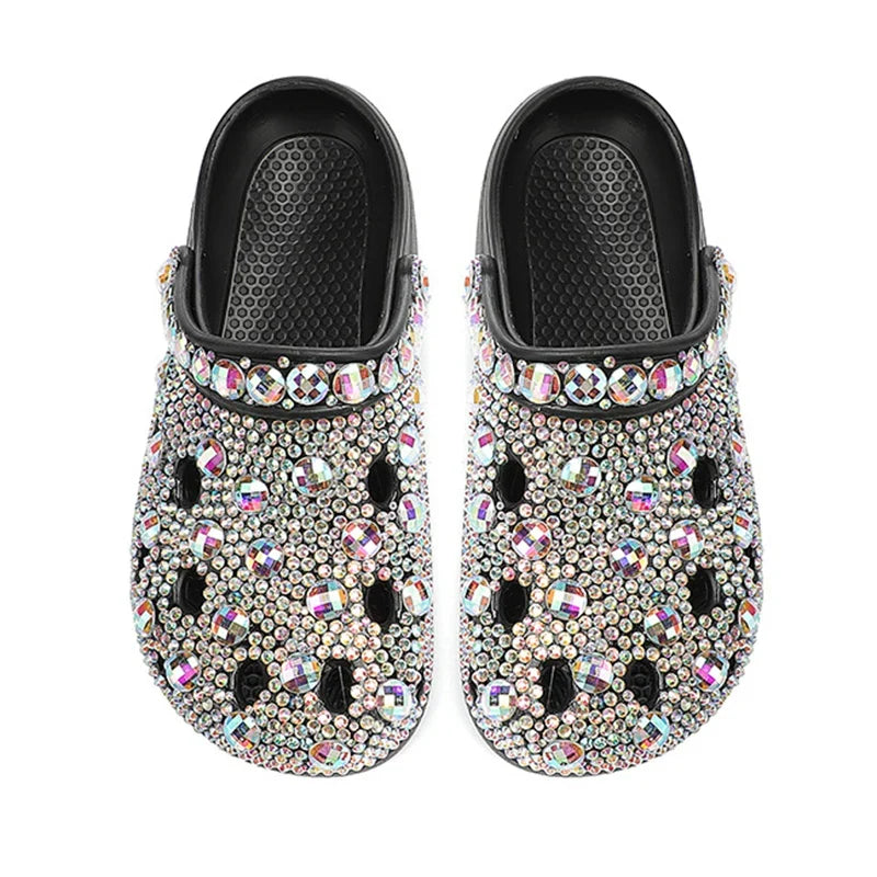 Rhinestone Clog Sandals | Floral Embellished Platform Mules | Sparkly Casual Slip-On Shoes