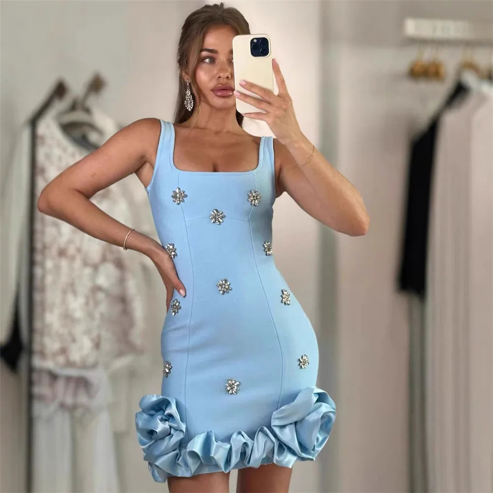 Embellished Mini Dress – Fitted Short Sleeve Party Dress with Floral Details and Ruffle Hem for Cocktail Parties, Date Nights & Events