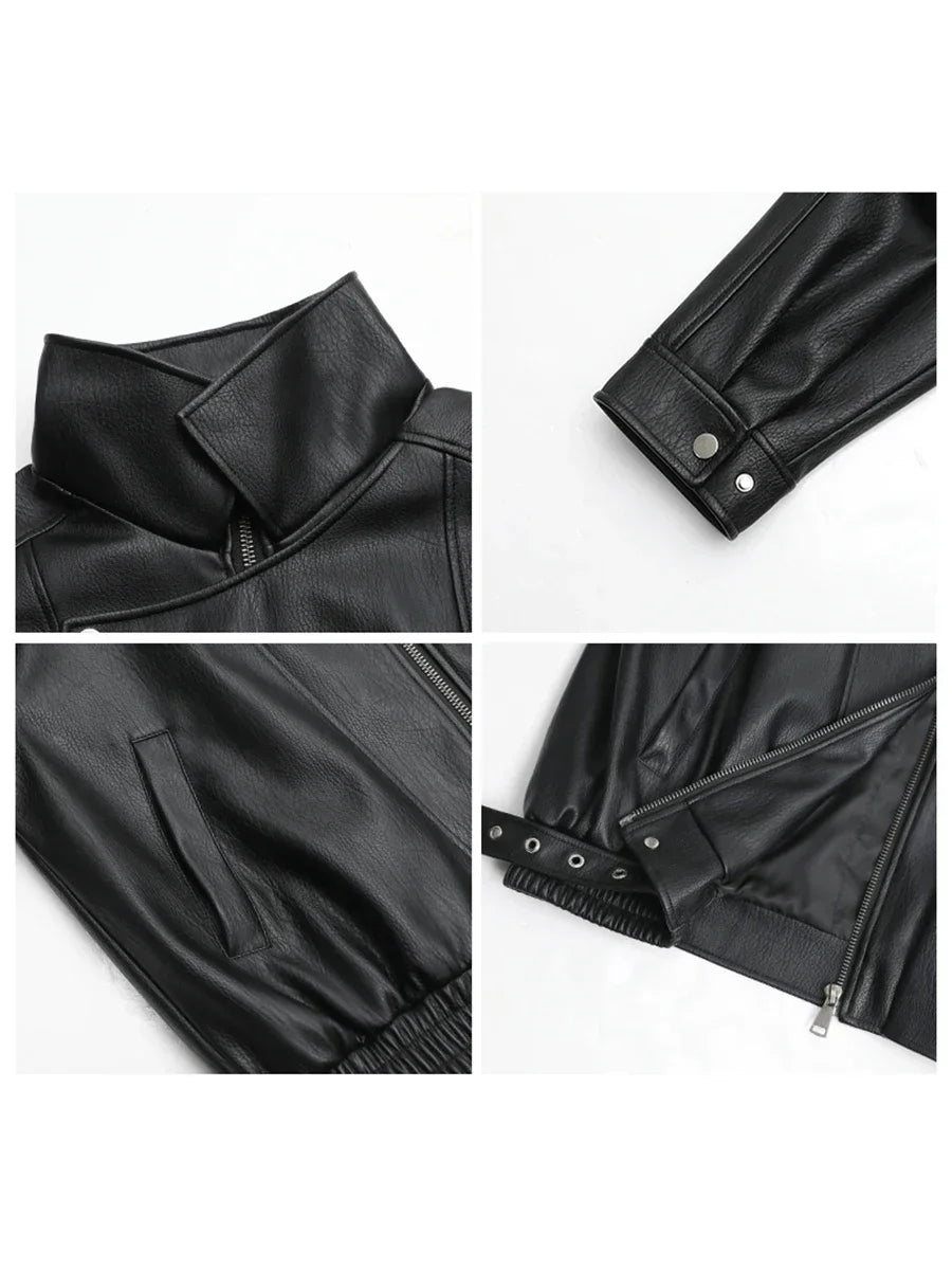 Oversized Faux Leather Biker Jacket, Zip-Up Moto Jacket with Wide Lapels and Elasticated Hem, Edgy Casual Streetwear Outerwear
