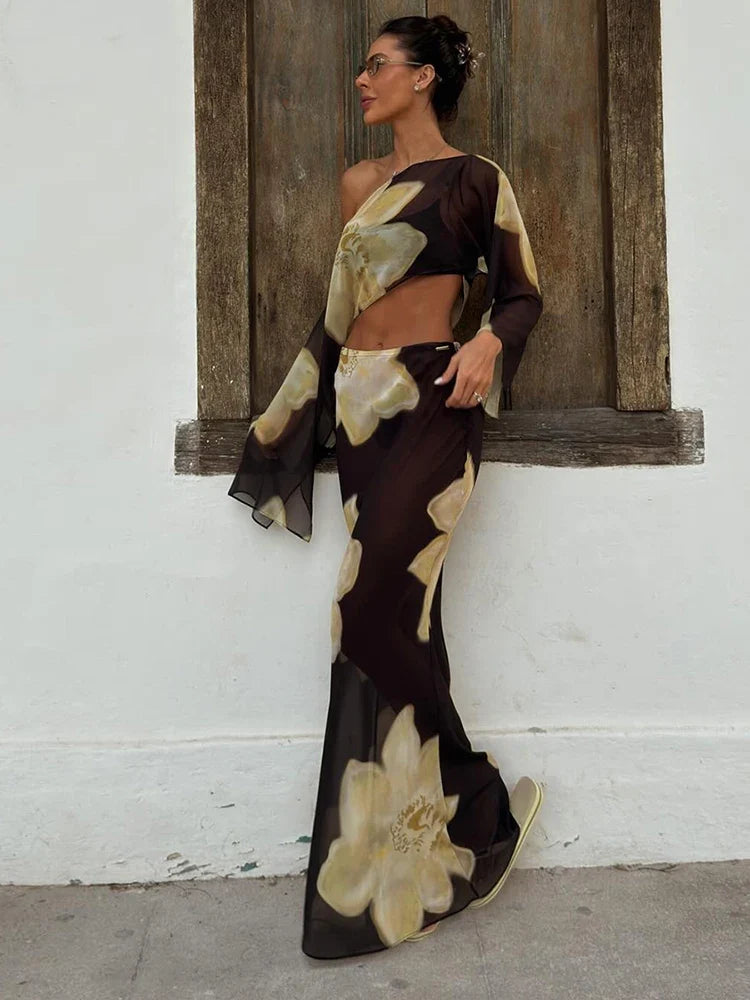 Asymmetric Crop Top & Wide Leg Pants Co-Ord Set | Abstract Floral Print Two Piece Outfit | Chic Vacation & Party Matching Set
