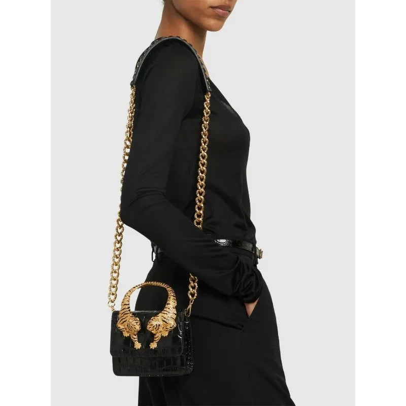 Luxury Inspired Mini Top Handle Bag, Embellished Structured Handbag with Ornate Hardware & Chain Strap, Elegant Evening Purse for Parties & Events