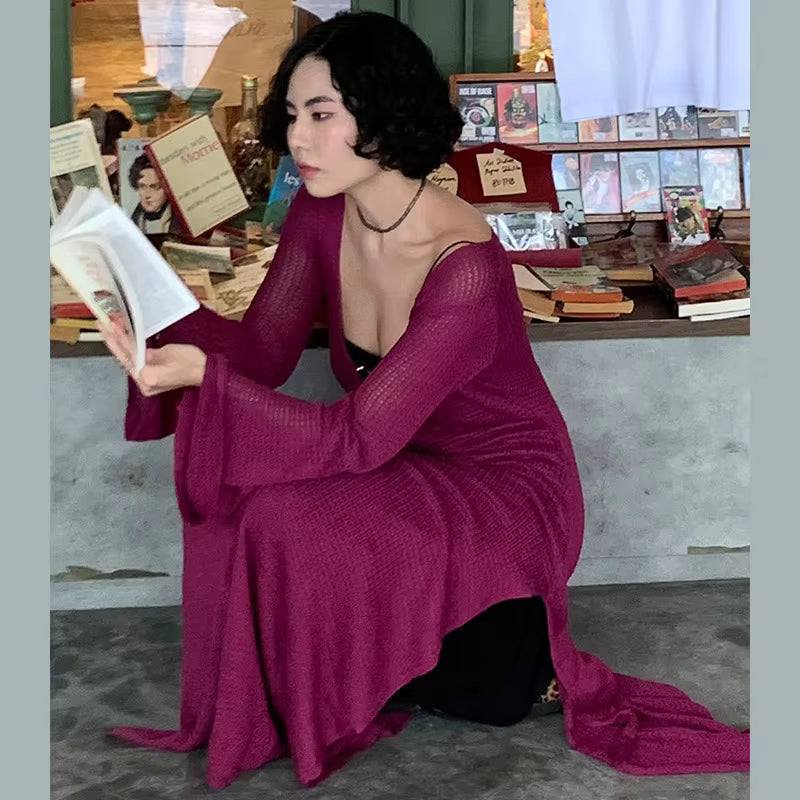 Crochet Maxi Dress – Long Sleeve Mesh Cover Up Dress with Deep Scoop Neck, Ring Detail Cutout and Sheer Open Knit Design