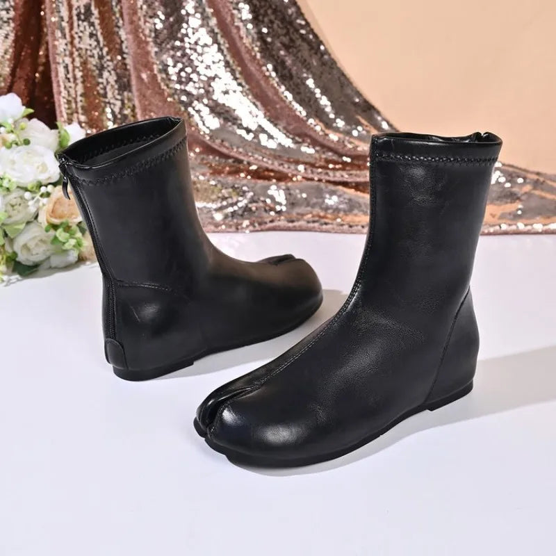Tabi Ankle Boots | Split Toe Flat Booties | Minimalist Leather-Look Fashion Boots
