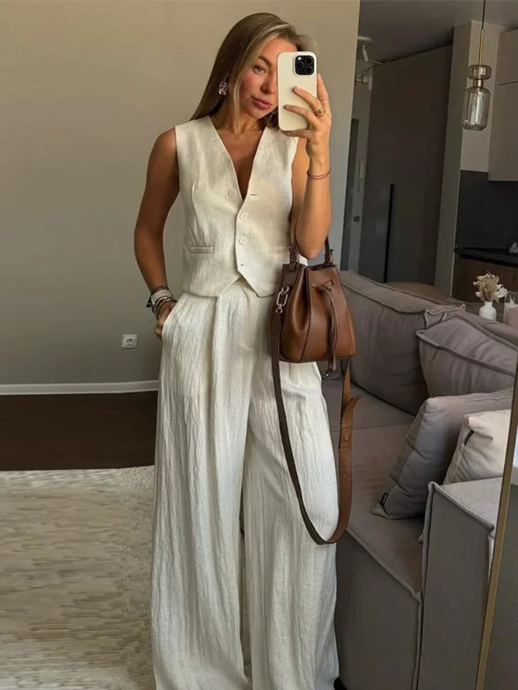 Sleeveless Vest Top & Wide Leg Pants Co-Ord Set | Tailored Two Piece Outfit | Elegant Casual & Vacation Matching Set