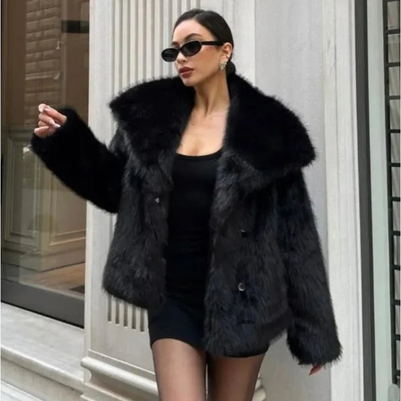 Women's Faux Fur Jacket, Oversized Plush Fur Coat with Wide Collar, Long Sleeve Winter Outerwear