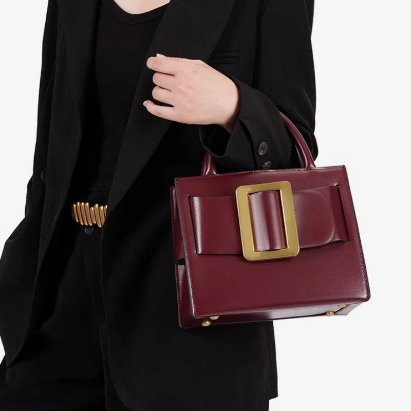 Structured Top Handle Handbag, Elegant Box Satchel with Statement Buckle Detail, Minimalist Shoulder Purse for Work, Dates & Everyday Use