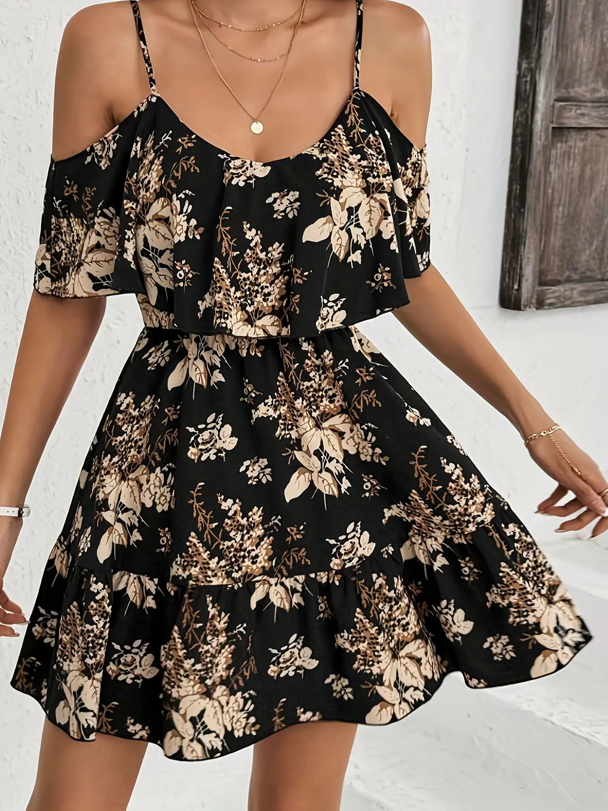 Floral Mini Dress – Off Shoulder Short Sleeve Dress with Spaghetti Straps, Defined Waist and Flared Skirt for Brunch, Vacations & Summer Events