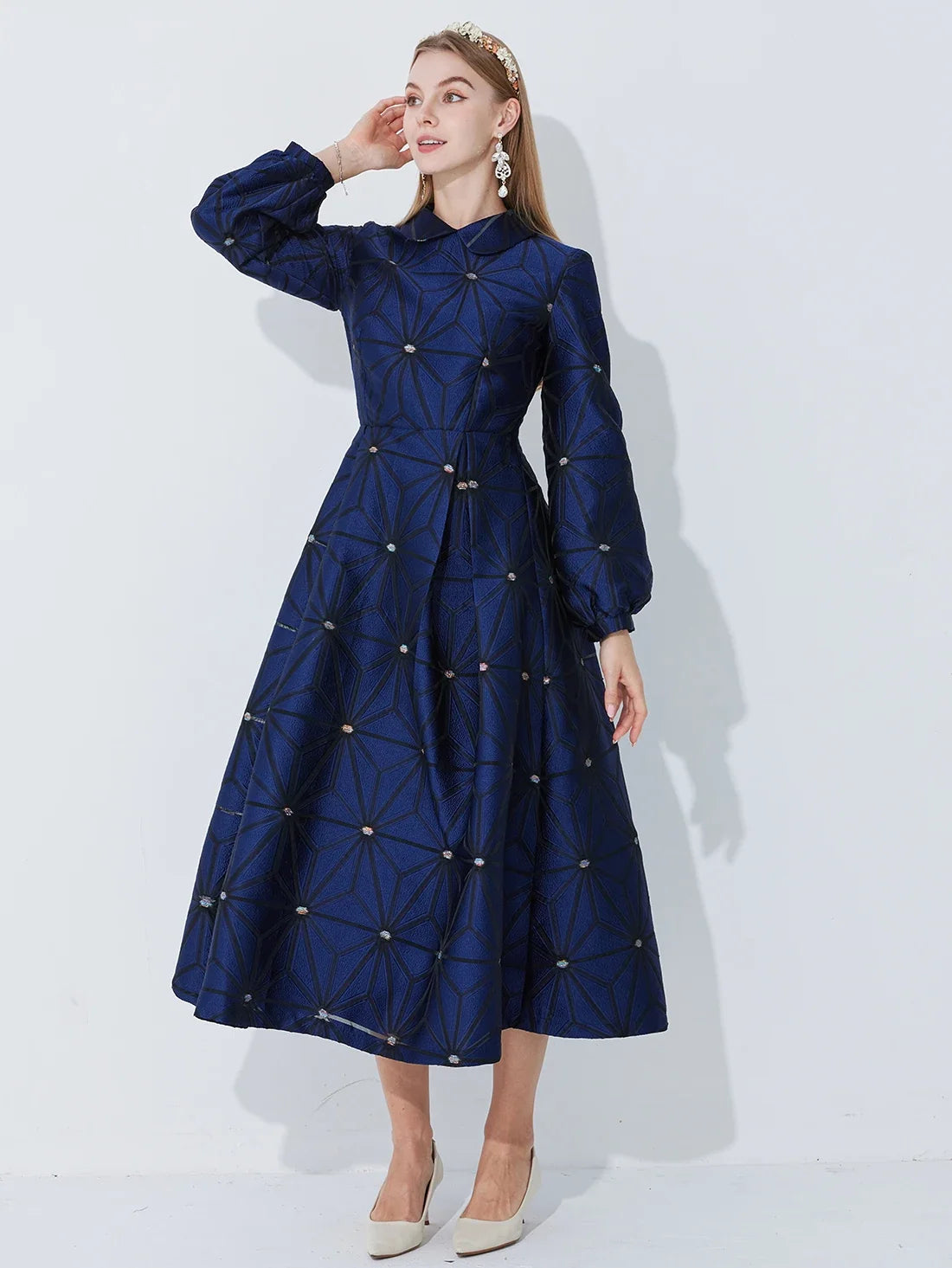 Jacquard Midi Dress – Long Sleeve High Neck A-Line Dress with Fitted Waist, Button Front and Flared Skirt for Weddings & Special Events