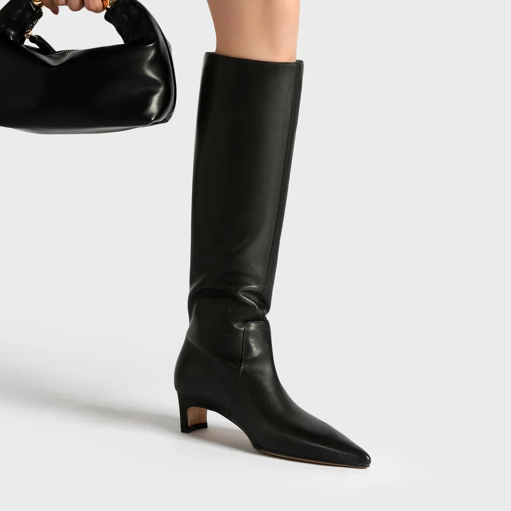 Knee High Pointed Toe Boots | Elegant Kitten Heel Tall Boots | Sleek Pull-On Fashion Boots