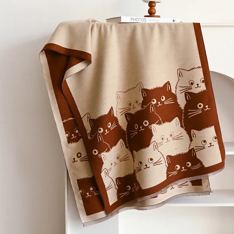 Cute Cat Print Scarf, Playful Feline Pattern Shawl Wrap, Artistic Neck Scarf with Decorative Border