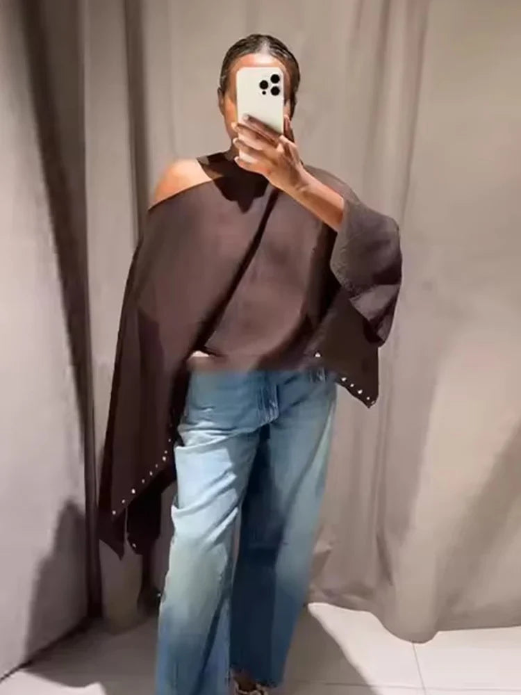 Asymmetric Poncho Jacket with Studded Trim, One-Shoulder Draped Cape Top, Relaxed Fit Statement Outerwear
