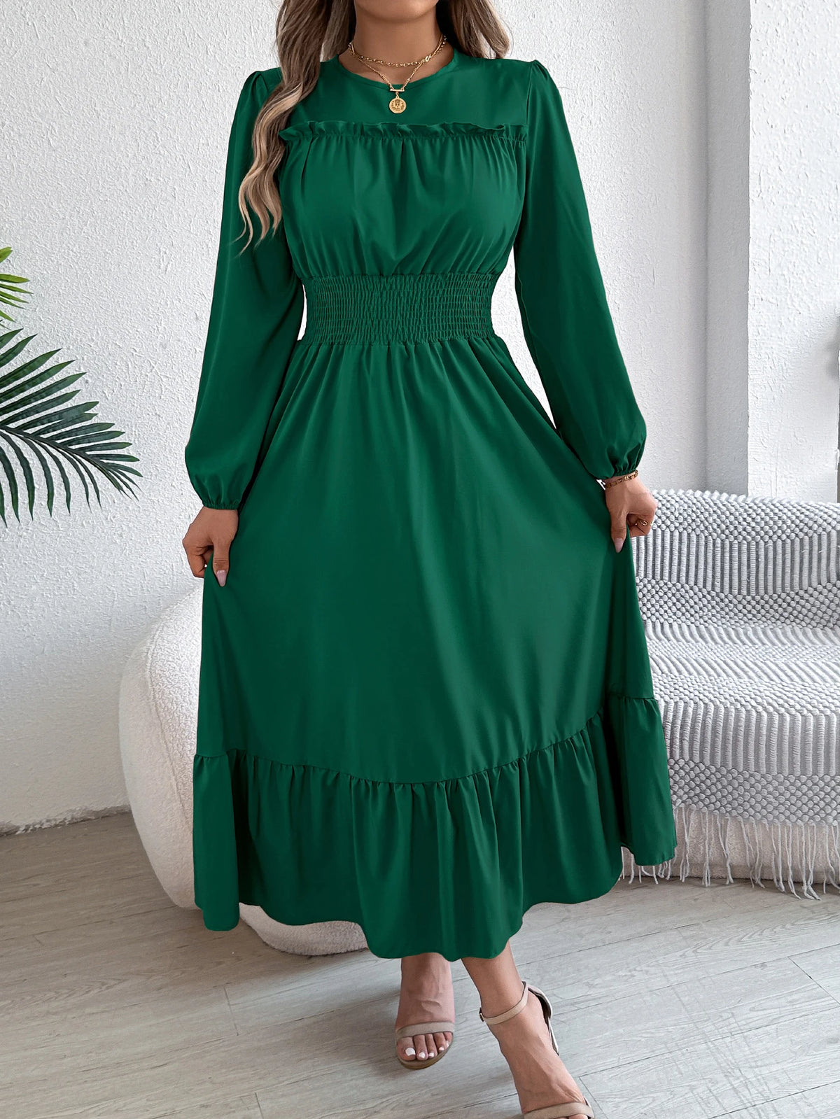 Long Sleeve Midi Dress – Square Neck Dress with Smocked Waist, Puff Sleeves, Gathered Bodice and Tiered Ruffle Hem for Casual Wear