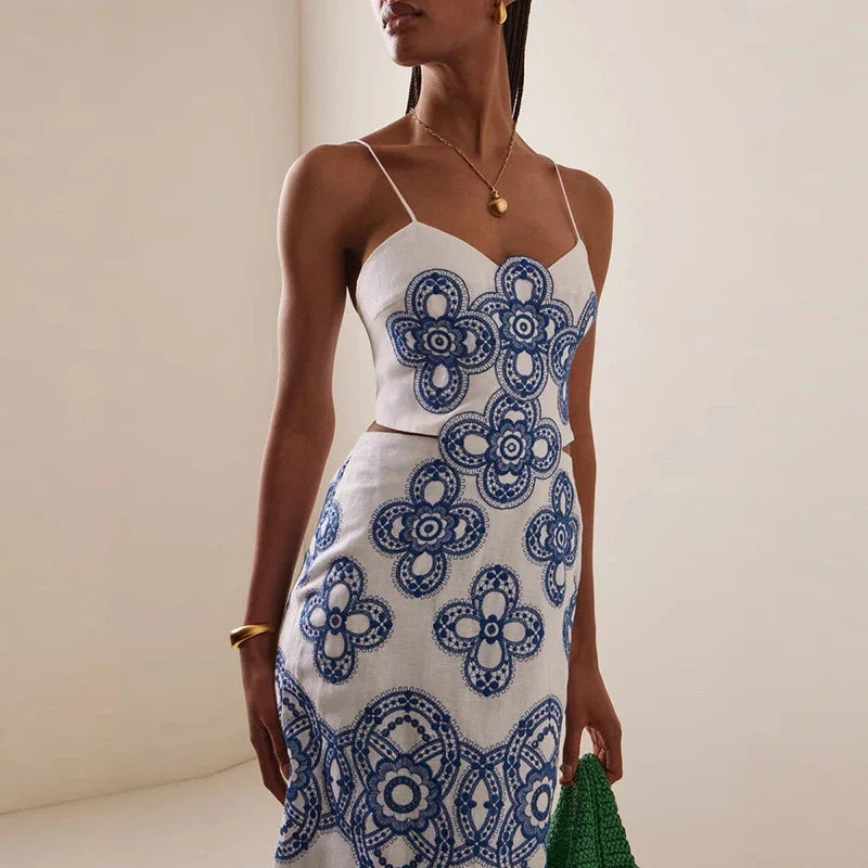 Embroidered Midi Dress – Spaghetti Strap Bodycon Dress with Square Neck, Intricate Floral Pattern and Fitted Silhouette for Vacations & Summer Events