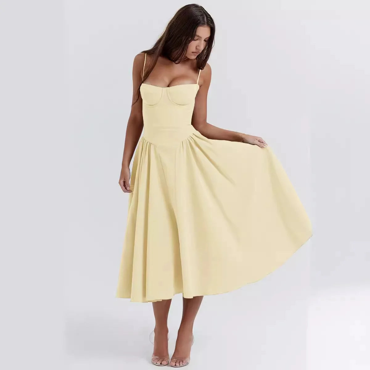 Vintage A-Line Midi Dress – Spaghetti Strap Corset Bodice Dress with Pleated Flared Skirt for Weddings, Brunches & Special Occasions