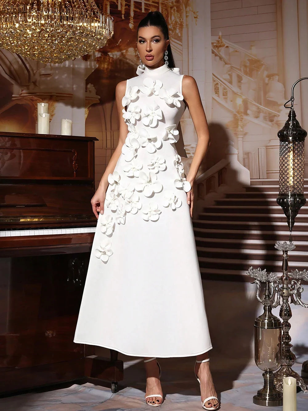 Floral Applique Maxi Dress – High Neck Sleeveless A-Line Gown with 3D Flower Detailing, Fitted Bodice and Flowing Floor-Length Skirt