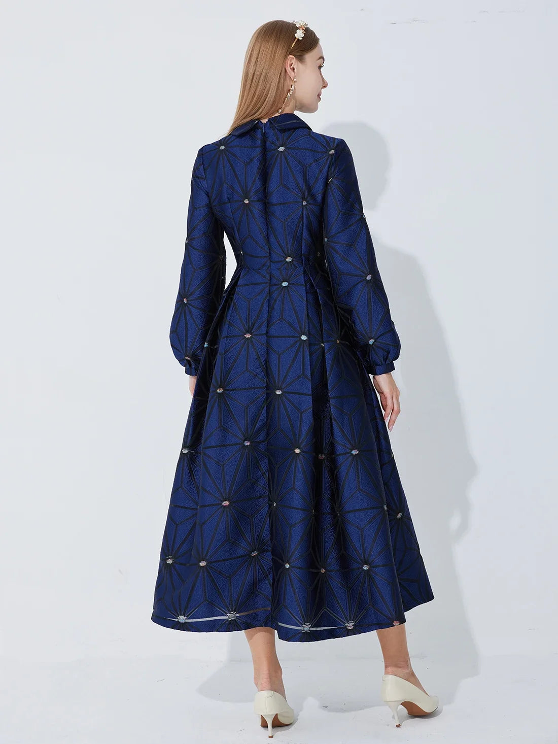 Jacquard Midi Dress – Long Sleeve High Neck A-Line Dress with Fitted Waist, Button Front and Flared Skirt for Weddings & Special Events