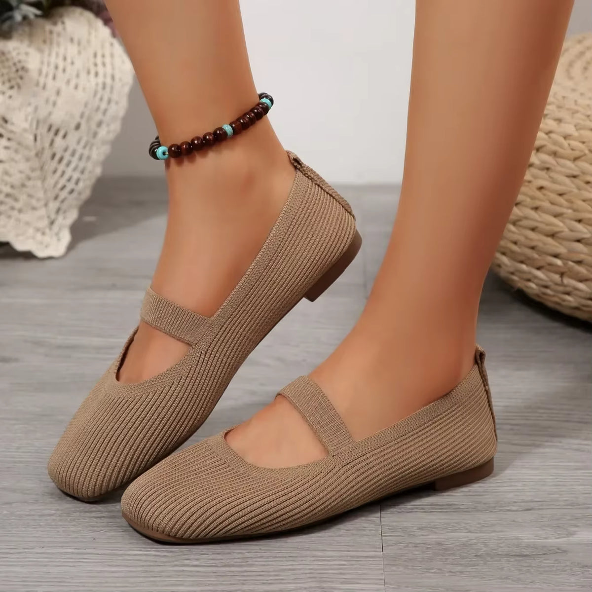 Mary Jane Knit Flats | Round Toe Ballet Shoes | Textured Slip-On Strap Flats for Everyday Wear