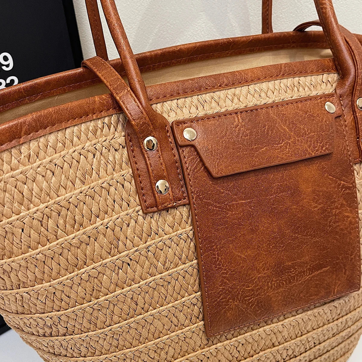 Straw Tote Bag, Woven Beach Handbag with Genuine Leather Accents, Large Summer Shoulder Bag with Long Handles & Crossbody Strap