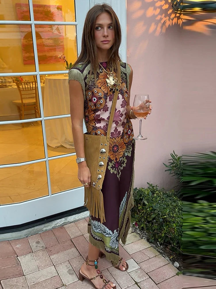 Boho Maxi Dress – Sleeveless High Neck Dress with Ornate Floral Print, Fitted Bodice and Flowing Floor-Length Silhouette for Vacations & Events