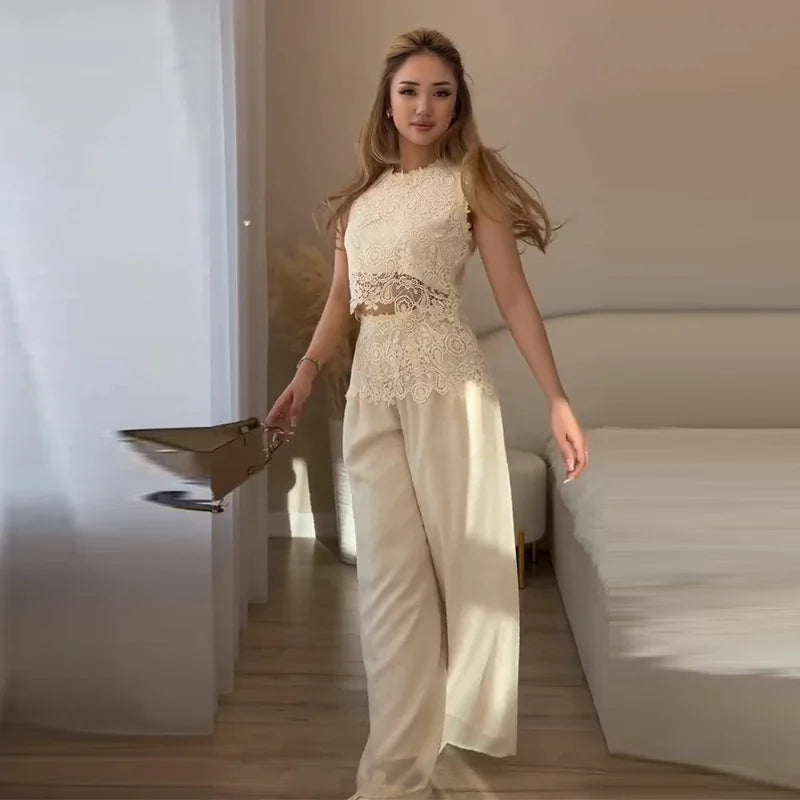 Lace High Neck Top & Wide Leg Pants Co-Ord Set | Sleeveless Two Piece Outfit with Scalloped Detail | Elegant Party & Occasion Wear Matching Set