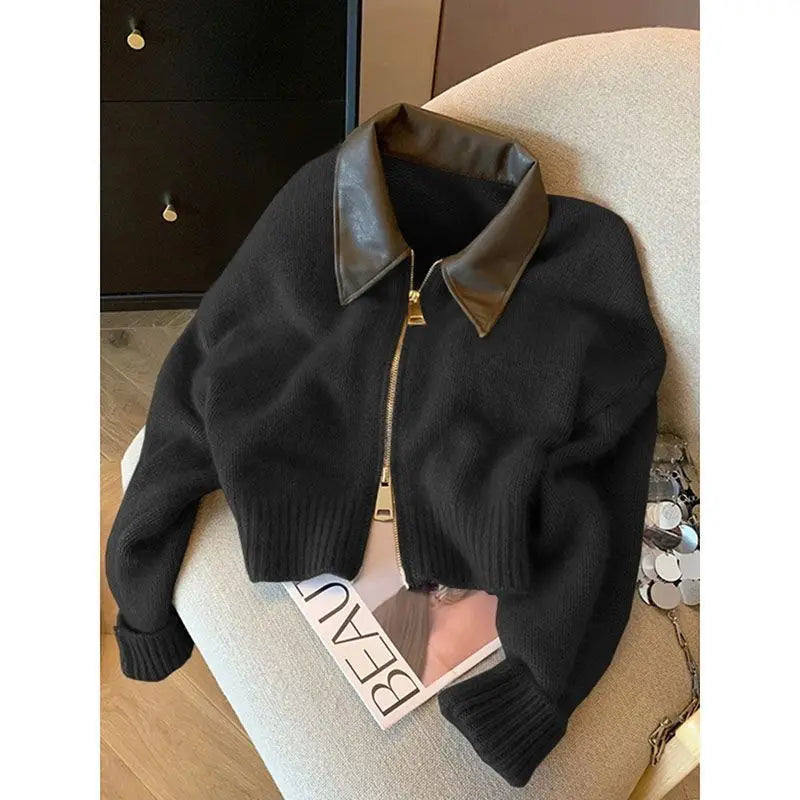 Cropped Knit Jacket, Zip-Up Sweater with Faux Leather Collar and Ribbed Trim, Cozy Casual Cardigan for Fall Winter