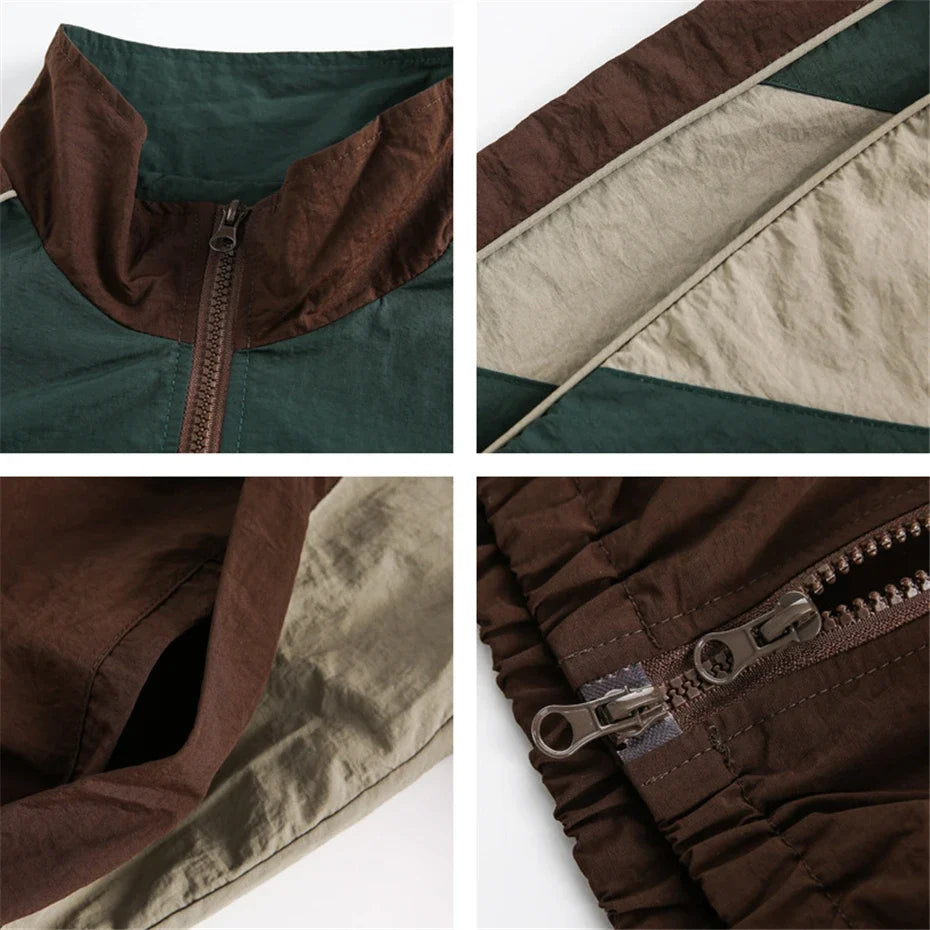 Color Block Windbreaker Jacket, Lightweight Zip-Up Track Jacket with Stand Collar and Elastic Cuffs, Retro Casual Outdoor Outerwear
