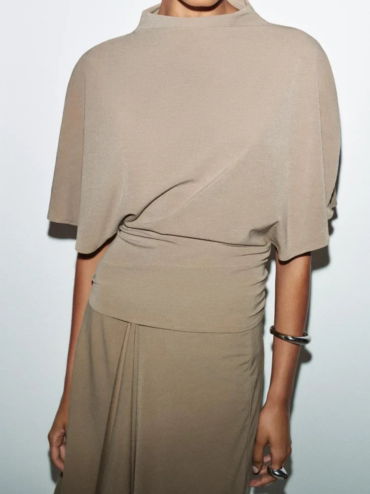 High Neck Draped Top & Asymmetric Midi Skirt Co-Ord Set | Elegant Two Piece Outfit with Waist Tie | Chic Formal & Occasion Wear