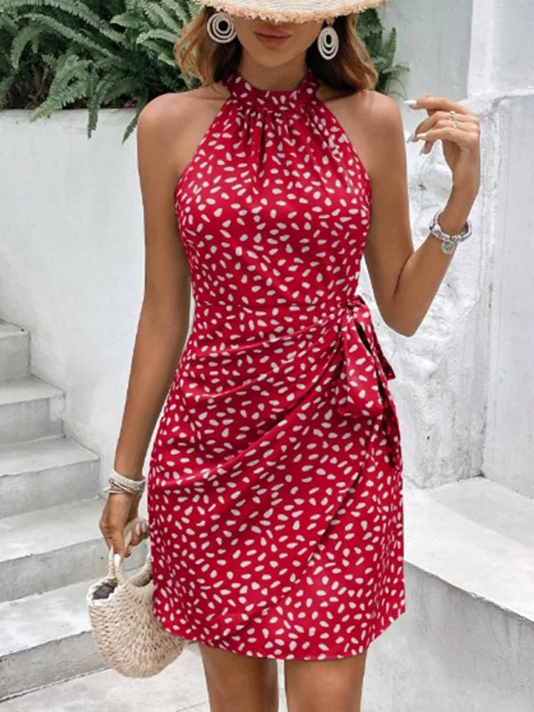 Polka Dot Mini Dress – Sleeveless Halter Neck Dress with Ruched Waist, Draped Side Detail and Fitted Silhouette for Brunch & Vacations
