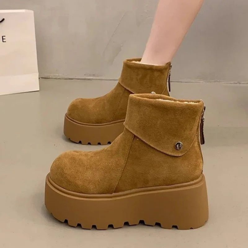 Women's Platform Ankle Boots – Cozy Faux Suede Winter Boots with Plush Lining, Chunky Platform Sole & Back Zipper