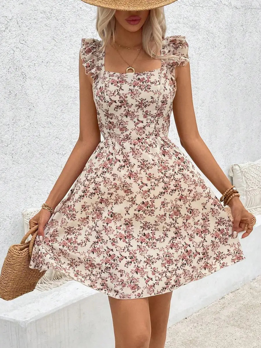 Floral Mini Dress – Square Neck Sleeveless Dress with Fitted Bodice, Flared Skirt and Romantic Floral Print for Vacations & Brunch