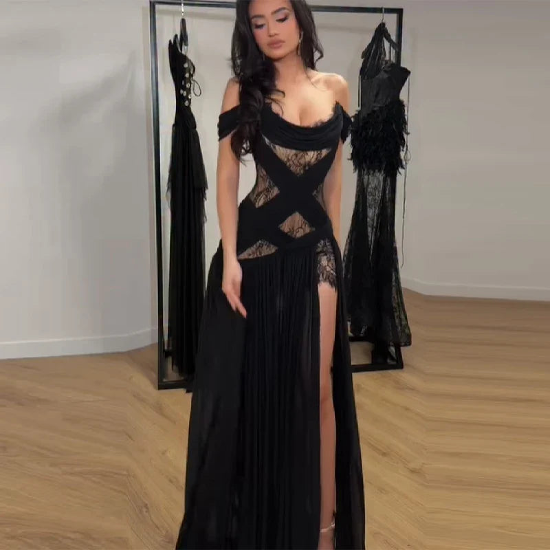Lace Cutout Maxi Dress – Off Shoulder Long Sleeve Evening Gown with Sheer Lace Panels, Ruched Waist and High Side Slit for Formal Events
