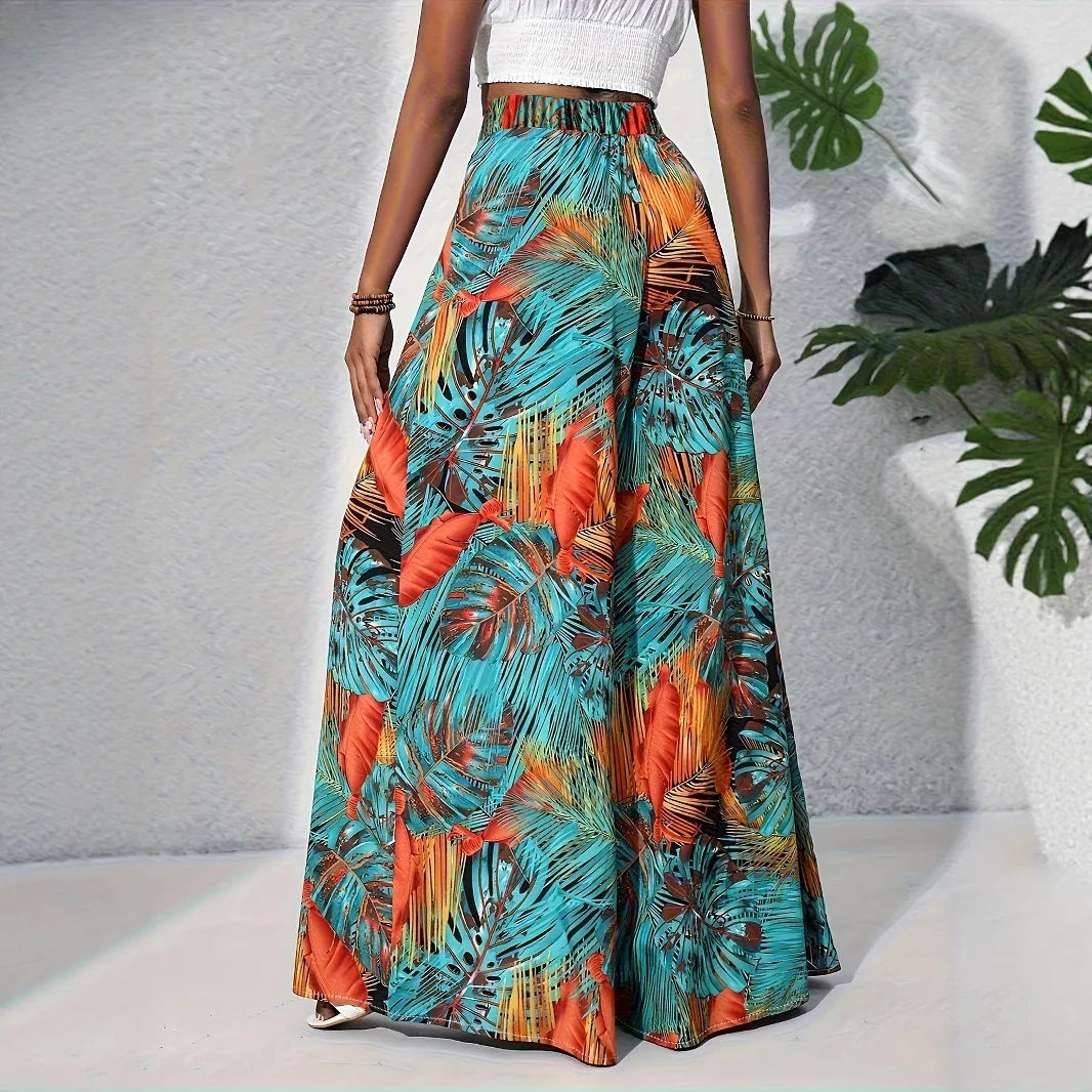 High Waisted Wide Leg Palazzo Pants Tropical Print Flowy Beach Trousers Full Length Boho Resort Vacation Bottoms