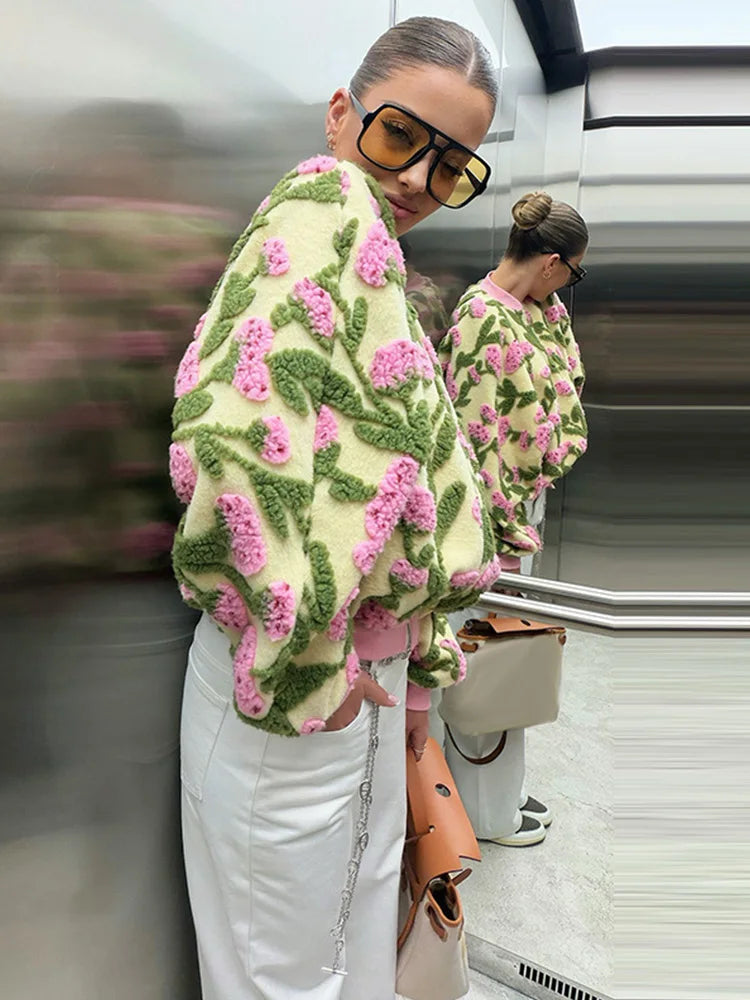 Floral Textured Fleece Jacket, Oversized Plush Zip-Up Jacket with 3D Flower Embroidery, Cozy Statement Winter Outerwear