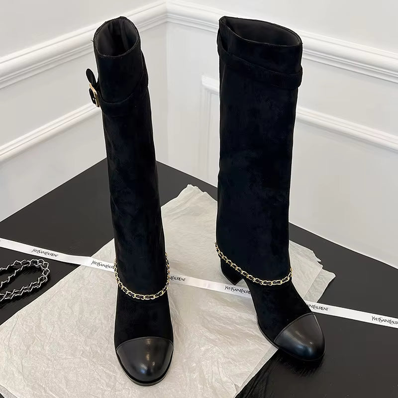 Knee High Suede Boots | Buckle Strap Block Heel Boots | Chain Detail Tall Fashion Booties