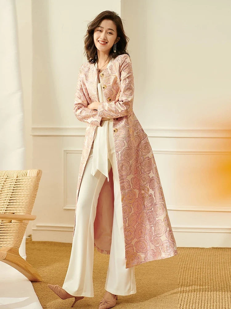 Long Brocade Duster Coat with Button Front, Jacquard Tailored Longline Jacket, Elegant Occasion Outerwear